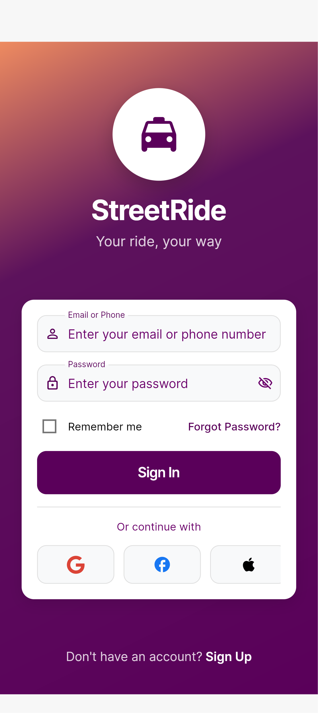StreetRide Sign In